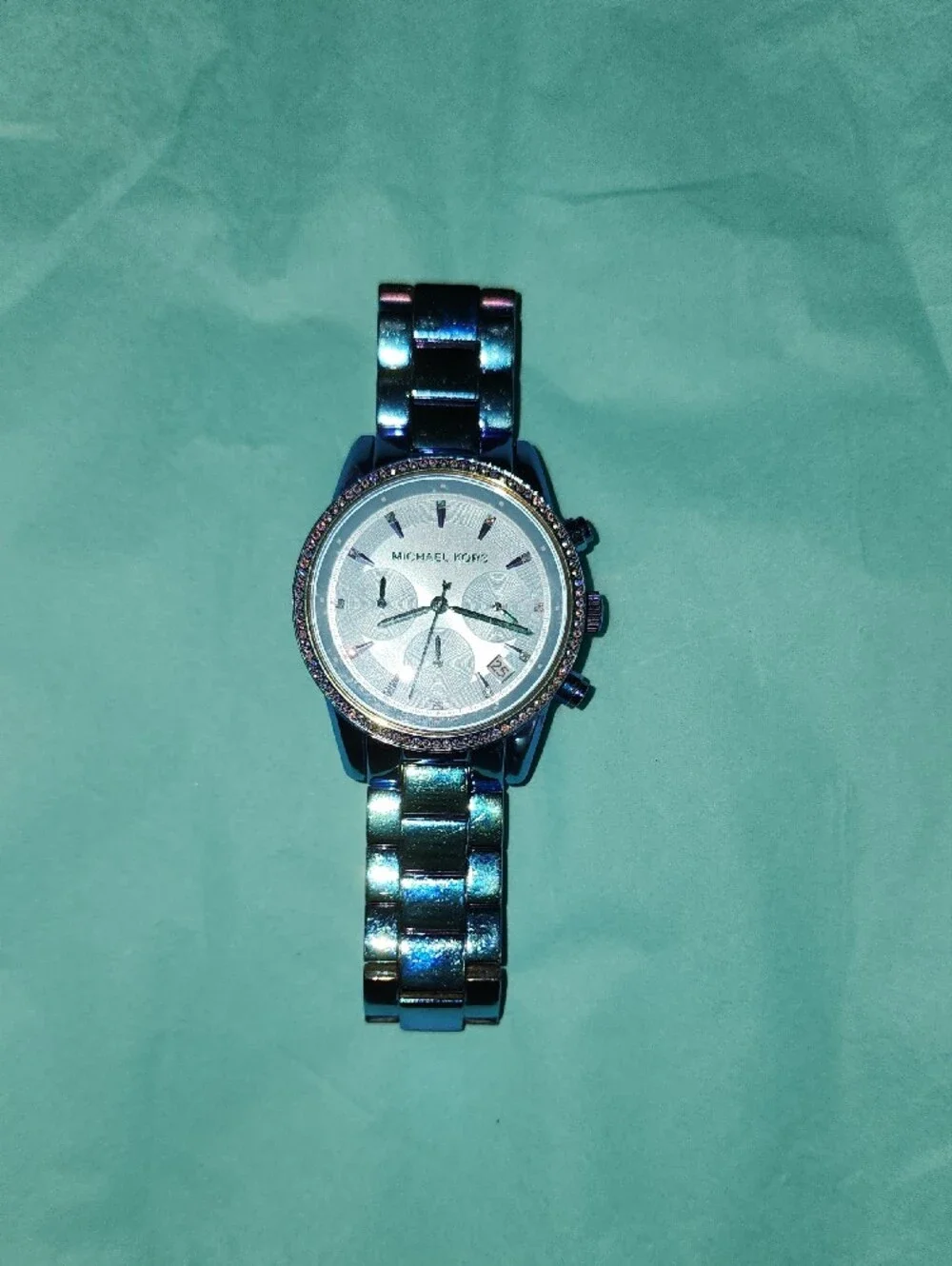 MICHAEL KORS Iridescent Blue Chronograph Watch with Crystal Bezel